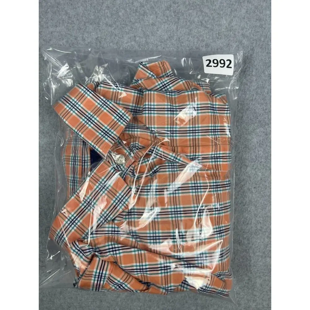 Polo Ralph Lauren Button Up Shirt Men's 17.5 Neck Long Sleeve Orange Plaid Italy